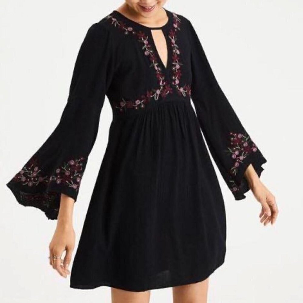american eagle black gauze floral embroidered cutout dress XXS